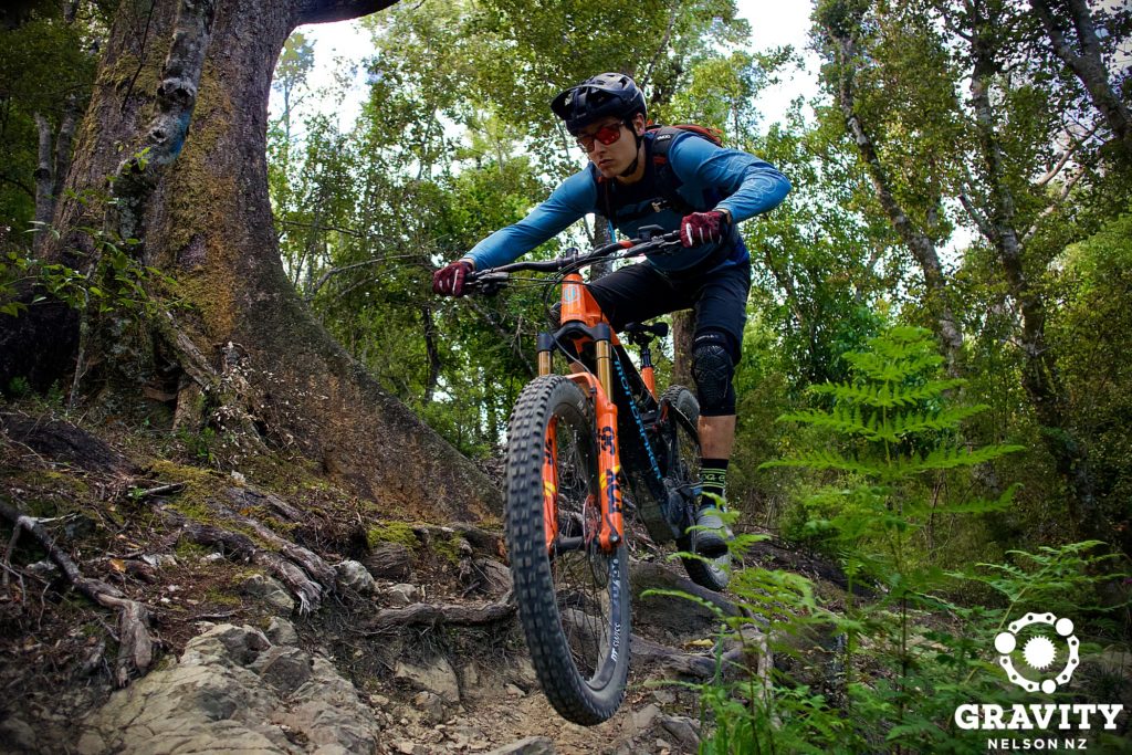 Mondraker Electric Mountain Bike in action on technical Nelson Mountain bike trails.