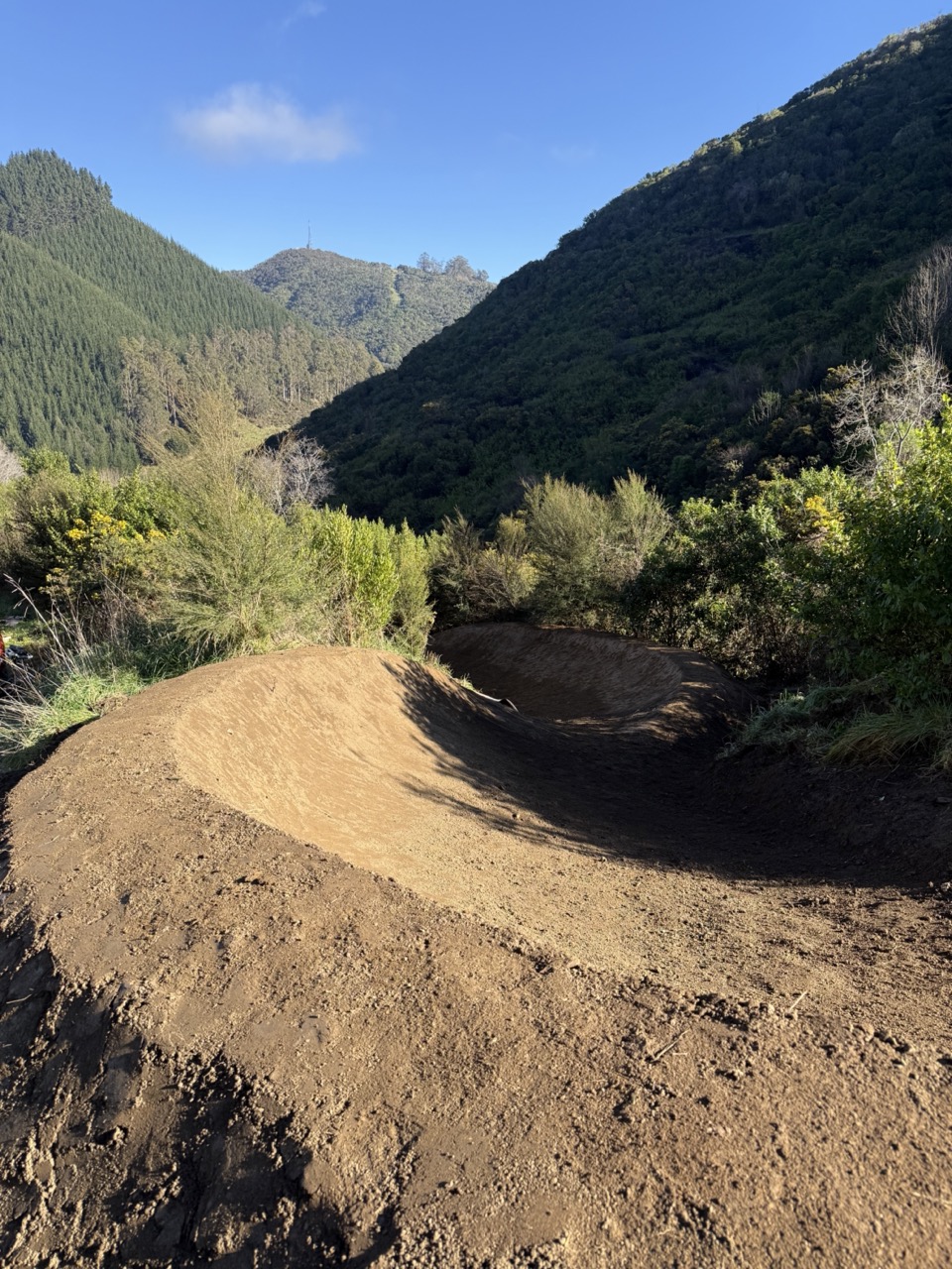 Pristine freshly shaped flow trail S-bend winding through dense green hills